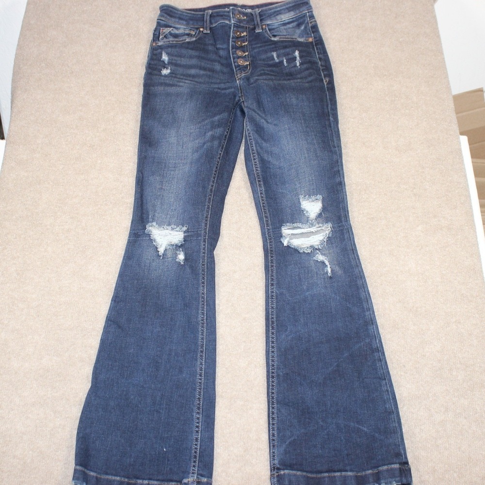 Maurices Womens Size 6 Dark Wash Distressed Multi Button Fly Flare Leg Jeans